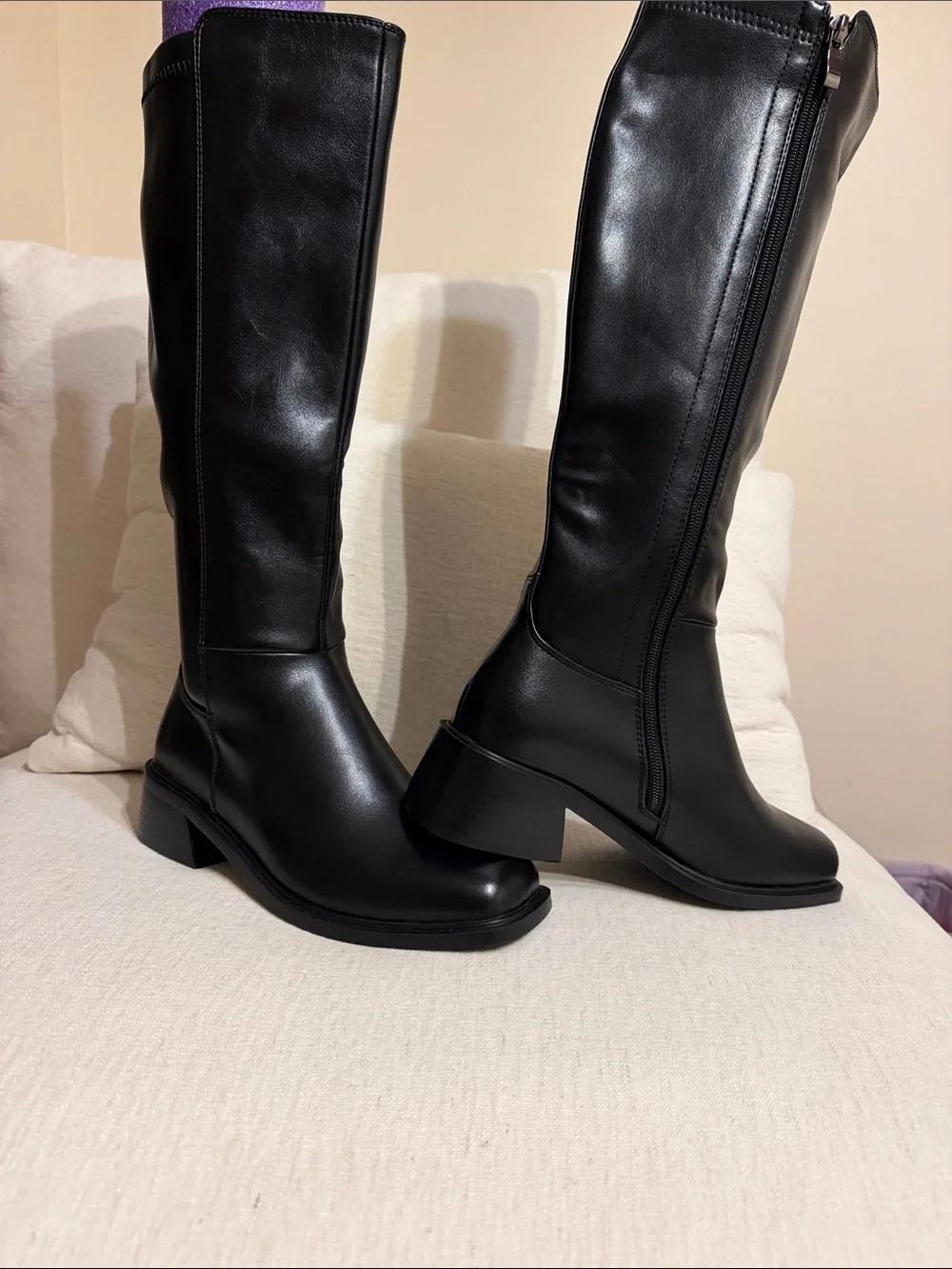 ISNOM Women's Black Faux Leather Boots with Block Heel